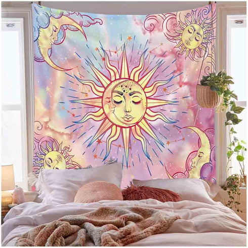 Pink Tapestry Burning Sun Tapestry Psychedelic Hippy Tie Dye Sun Tapestries Celestial Sun and Moon with Stars Tapestry Abstract Wall Tapestry for Bedroom, Living Room, Dorm Decor (78.7"*59", Pink)