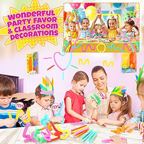 Pop Tubes Mini 24 Packs, Sensory Fidget Stretch Tubes Bulk for Kindergarten, Stress Relief for AHD, ADD Toddlers, DIY Learning Skills for Preschool, Valentine's Day Classroom Gifts Party Favors Prize