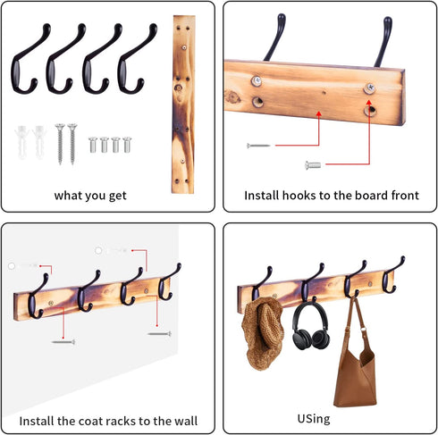 Wall Mounted Coat Rack Ethuh Rustic Wall Hook Solid Wood Hat Hanger Entryway Hanging Coat Rack4 Silver Metal for Entryway, only 1screws to Hold The Hooks Rack (Carbonization Black)