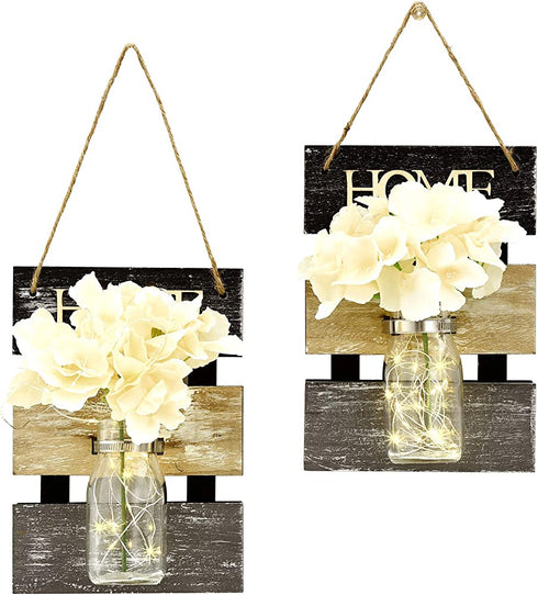 Dailyart Rustic Wall Sconces Mason Jars Sconce Farmhouse Wall Hanging Decor Lights LED Fairy Lights Home Decoration, Fake Plastic Flowers, Set of 2