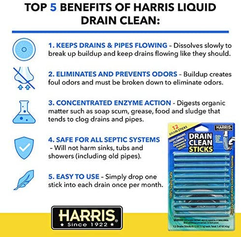 Harris Drain Clean Sticks, Drain Clog Remover and Odor Eliminator for Sinks, Tubs and Showers, 12 Pack