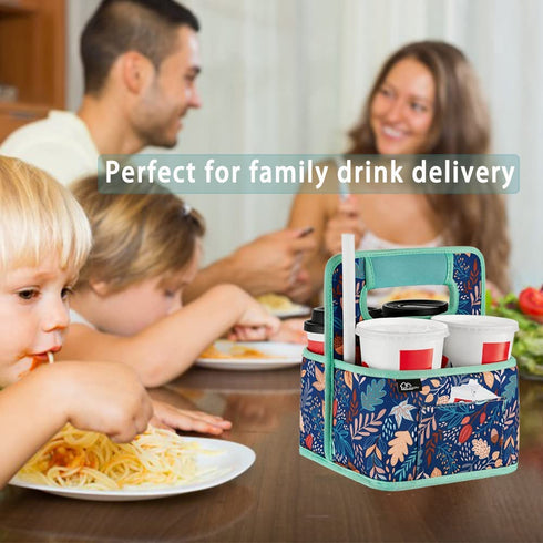 Drink Carrier Reusable Coffee Cup Carrier Bag Water Beer Bottle Holder Bag in Car Padded Beverage Holder Bag with Adjustable Dividers Fits 16-24OZ Coffee Cups Take Out (Green Geometric)