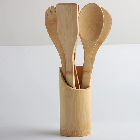 Wooden Spoons for Cooking Organic Bamboo Kitchen Utensils Set 8 Pcs Housewarming Gift New Apartment Essentials Slotted Serving Spoons Spatula Tong Tools for Nonstick Cookware with Holder