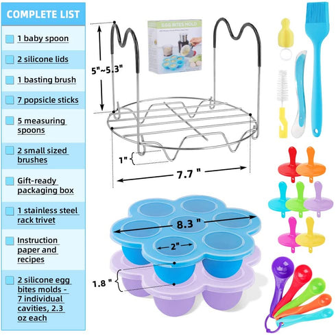 Silicone Egg Bites Molds for Instant Pot Accessories, 2 Pack Egg Bite Mold Fits 5,6, 8 qt Pressure Cooker, Sous Vide Egg Poacher Reusable Baby Food Storage Freezer Tray with Lid, Steamer Rack Trivet