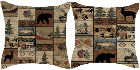 Jimrou Throw Pillow Cover 18x18inches Set of 2 Gifts Wood Cabin Wild Animals Bear Deer Paw Prints Forest Wildlife Cotton Linen Decorative Home Sofa Chair Car Square Throw Pillow Case Cushion Cover