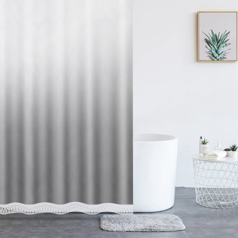 Ombre Shower Curtain with Tassels, Fabric Grey Shower Curtain Set with Hooks, FLYMALL Waterproof Machine Washable Gradient White and Gray Bathroom Curtains 72 x 72 Inch (Ombre Grey)