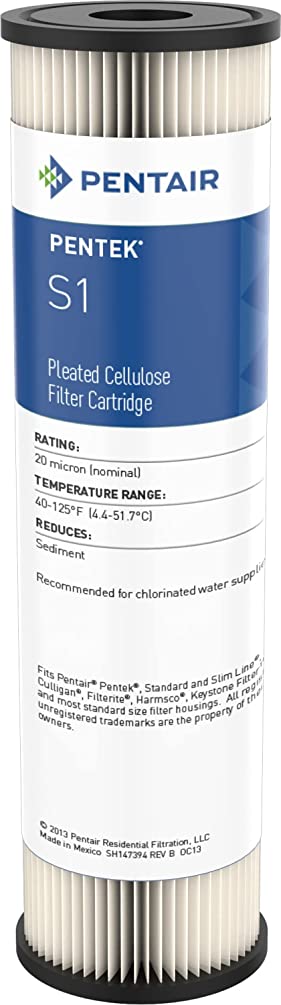 Pentair Pentek S1 Sediment Water Filter, 10-Inch, Under Sink Pleated Cellulose Filter Cartridge, 10" x 2.5", 20 Micron
