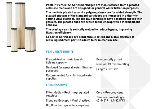 Pentair Pentek S1 Sediment Water Filter, 10-Inch, Under Sink Pleated Cellulose Filter Cartridge, 10" x 2.5", 20 Micron