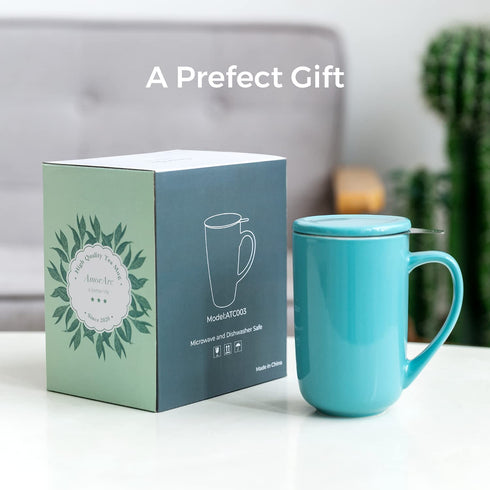 AmorArc Ceramic Tea Mug,16Oz Tea Cup with Infuser and Lid, Tea Strainer Cups with Tea Bag Holder for Loose Leaf Tea, Tea Steeping Mug for Tea/Coffee/Milk with well-wrapped Gift box -Turquoise