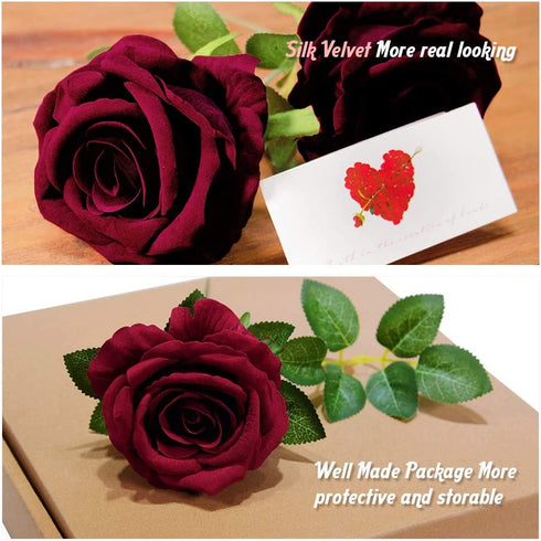 ETERNAL ANGEL Artificial Flowers Dark Red Fake Roses Real Looking Flannelette Flowers with Stem for DIY Arrangements Wedding Bouquets Centerpieces Bridal Shower Party Home Decorations- 16 Pcs