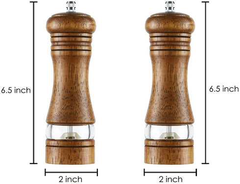2-Piece Salt and Pepper Grinder Set, 6.5 Inch Wooden Salt and Pepper Mills with Adjustable Coarseness, Refillable Manual Pepper Mill Grinder for Home Cooks (Brown)