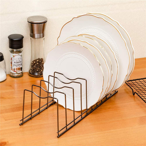 SANNO Pan and Pot Lid Organizer Rack for Pot Lids, Plates, Cutting Boards, Bakeware, Cooling Rack, Serving Trays, Total 8 Compartments, Stainless Steel Black nickel Pack of 2