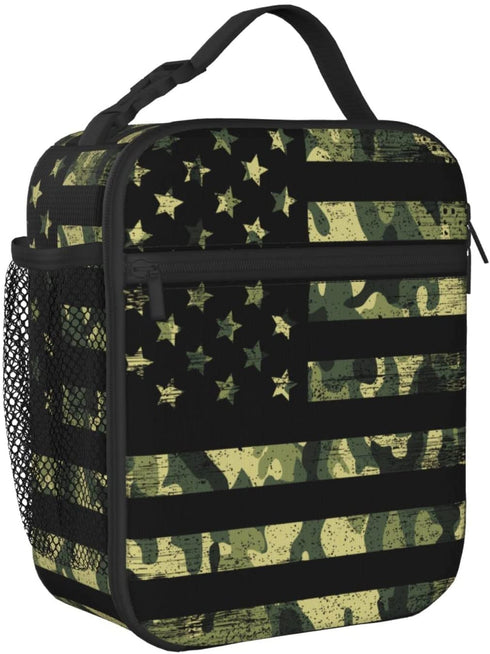 PrelerDIY Camouflage American Flag Lunch Box - Insulated Lunch Bags for Women/Men/Girls/Boys Detachable Handle Lunchbox Meal Tote Bag