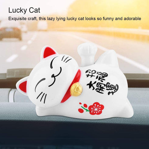 FTVOGUE Solar Powered Maneki Neko Lucky Cat, Fortune Welcoming Waving Arm Paw Up Lazy Lying Wealth Fortune Cat Home Stores Car Feng Shui Decor White(01)