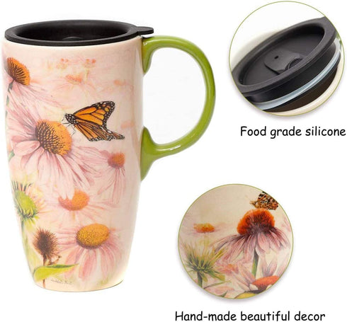 Topadorn Coffee Ceramic Mug Porcelain Latte Tea Cup With Lid 17oz., Butterflies over Flowers Mother's Day Mug