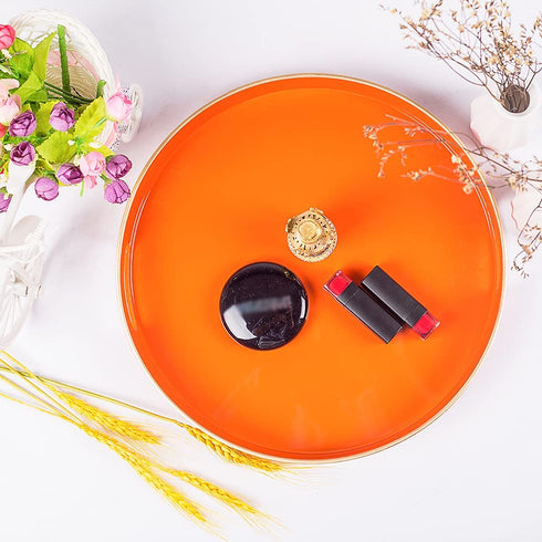 MAONAME 13" Round Tray, Orange Serving Tray with Handles, Modern Decorative Tray for Coffee Table, Plastic Ottoman Tray for Ottoman, Bathroom, Decor