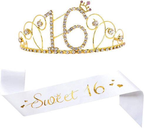 16th Birthday Tiara and Sash, Glitter Satin Sash"Sweet 16" and Gold Crystal Rhinestone Birthday Crown for Happy 16th Birthday Party Supplies Decorations Birthday Cake Topper