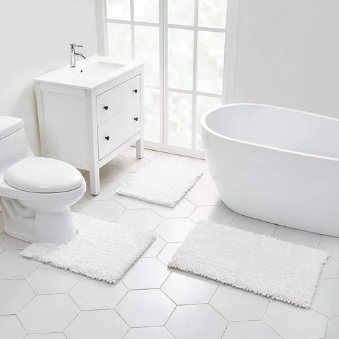 Walensee Bathroom Rug Non Slip Bath Mat (24x17 Inch White) Water Absorbent Super Soft Shaggy Chenille Machine Washable Dry Extra Thick Perfect Absorbant Best Small Plush Carpet for Shower Floor