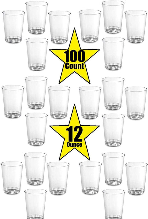100 Count Hard Plastic 12 Ounce Party Clear Cups Old Fashioned Tumblers Ideal for Home, Office, Bars, Wedding, Bridal and Baby Shower, Birthday, Retirement, Anniversary, party 12 oz Clear Cups