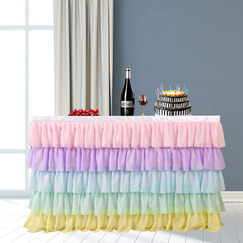 6FT Rainbow Table Skirt for Rectangle or Round Table Chiffon Tulle Table Skirting for Party Baby Shower Wedding Birthday Decor