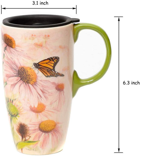 Topadorn Coffee Ceramic Mug Porcelain Latte Tea Cup With Lid 17oz., Butterflies over Flowers Mother's Day Mug