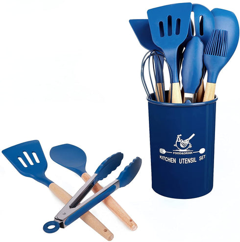 mossFlos Kitchen Cooking Utensils Set, 12 pcs Non-Stick Silicone Cooking Kitchen Utensils with Holder, Heat Resistant Kitchen Gadgets Utensil Set,Dark Blue