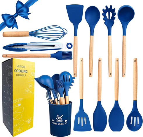 mossFlos Kitchen Cooking Utensils Set, 12 pcs Non-Stick Silicone Cooking Kitchen Utensils with Holder, Heat Resistant Kitchen Gadgets Utensil Set,Dark Blue
