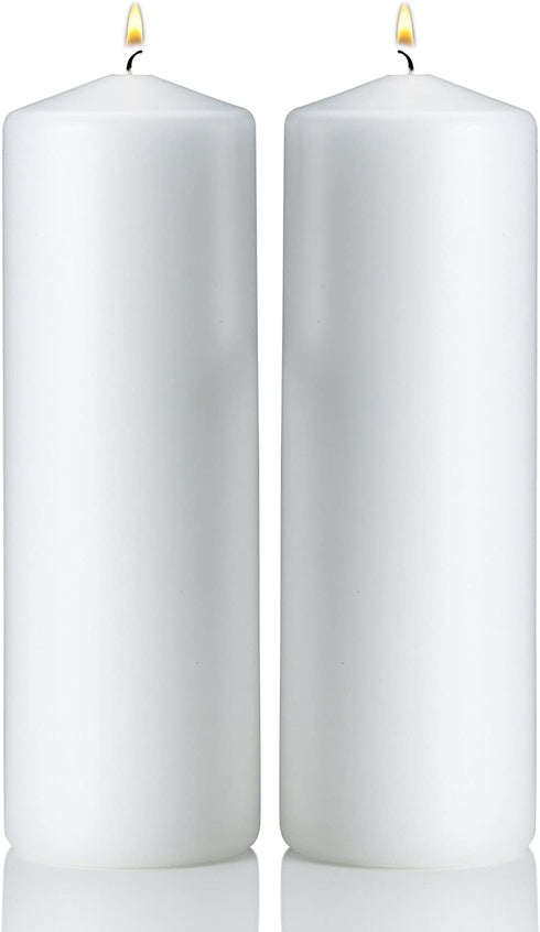 Light In The Dark White Pillar Candles - Set of 2 Unscented Candles - 9 inch Tall, 3 inch Thick - 90 Hour Clean Burn Time