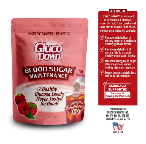 GLUCODOWN, Maintain Healthy Blood Sugar, Delicious Raspberry Tea Mix, Diabetic Friendly, 45 Servings, 1 Resealable Package.