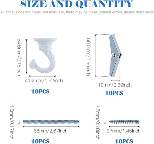 Glarks 10 Sets/40Pcs 1.5 Inch Heavy Duty Swag Hook Ceiling Hook with Steel Bolts and Toggle Wings for Ceiling Installation Cavity Wall Fixing, White Enamel Finish