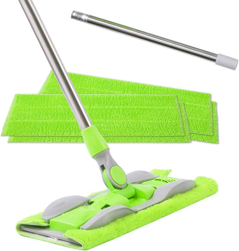ITSOFT Microfiber Hardwood Floor Mop - Stainless Steel Handle with Extension and 5 Reusable Mop Pads, for Wet or Dry Floor Cleaning, Green