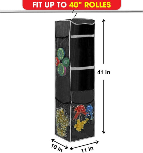 ProPik Holiday Hanging Wrapping Paper Storage Bag Organizer Swivel Hanger 360 Degree Multiple Mesh Pockets and Loops Holds Up to 25 Rolls 40 Inch Plus Space for Ribbons Bows and Gift Wrap (Black)