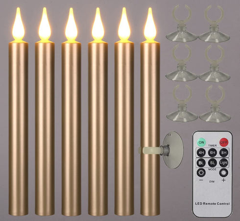Window Candles Flickering Battery Operated with Remote and Timer, 6 Pack Electric Gold Flameless Taper Candles with Magnetic Base for Christmas Halloween Dinner Wedding Party Decoration