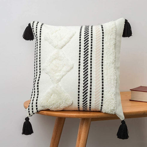 18x18 Pillow Covers Morocco Throw Pillows Cover for Couch Bed, Boho Tufted Square Decorative Pillow Covers, Farmhouse Neutral Throw Pillow Case with Tassels, Black Off White