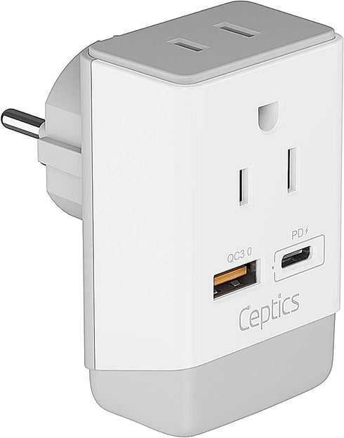 Ceptics Israel Power Adapter, QC 3.0 & PD, Safe Dual USB & USB-C - 2 USA Socket Compact & Powerful - Use in Jerusalem, Holy Land, Palestine, Gaza Strip - Type I AP-14- Fast Charging