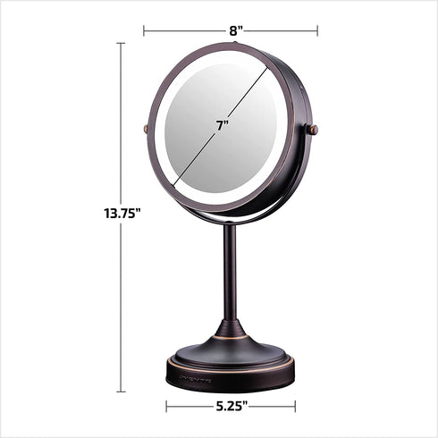 Ovente 7'' Lighted Tabletop Makeup Mirror, 1X & 7X Magnifier, Spinning Double Sided Round LED, Great for Vanity, Bath, & Bedroom, Battery Powered, Antique Bronze MCT70ABZ1X7X