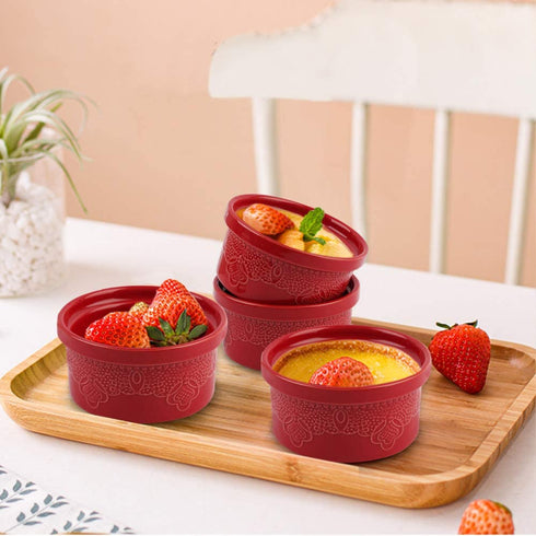 FE Ramekins, Lace Emboss Ramekin 8 oz Oven Safe, Creme Brulee Set of 6, Ceramic Souffle Dish for Baking Dessert and Cake (Apple Red)
