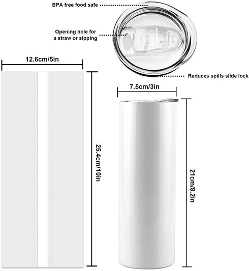 XccMe 20oz Straight Skinny Sublimation Tumblers,2PACK Stainless Steel Double Wall Insulated Cup,Bulk Blanks with Lids,Shrink Wrap Films,Individually Box,Polymer Coating for Heat Transfer White