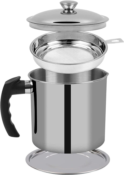 OFNMY Bacon Grease Container with Fine Mesh Strainer - 1.3L/5.2 Cups Stainless Steel Oil Storage Pot Grease Can with Removable Dustproof Lid and Coaster Tray - Oil Pot for Storing Fat, Frying Oil