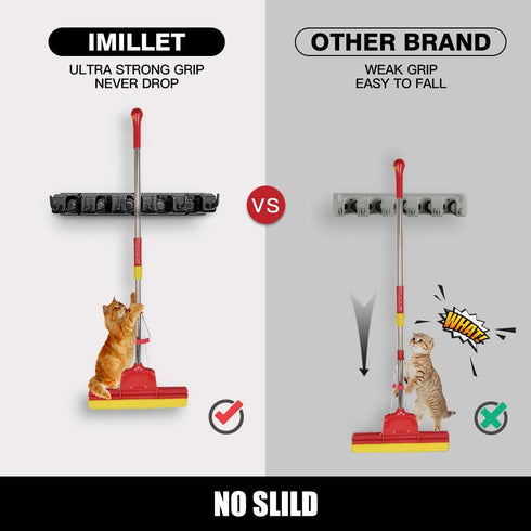 2 Pack Imillet Mop and Broom Holder, Wall Mounted Organizer Mop and Broom Storage Tool Rack with 5 Ball Slots and 6 Hooks (Black)