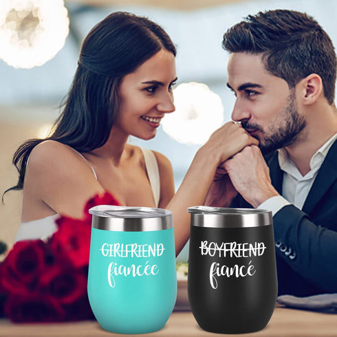 Lifecapido Boyfriend and Girlfriend Wine Tumbler Set, Engagement Gifts for Fiance Fiancee Friend Couples Her Women, 12 Oz Newly Engaged Stainless Steel Insulated Wine Tumbler with Lids, Black and Mint