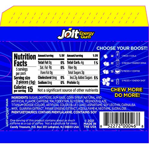 Jolt Icy Mint Energy Gum – Caffeine Chewing Gum – Increase Energy, Freshen Breath, Boost Physical Performance – 12 Pack (120 Pieces) – Low Calorie Caffeine Gum – Ginseng, Guarana