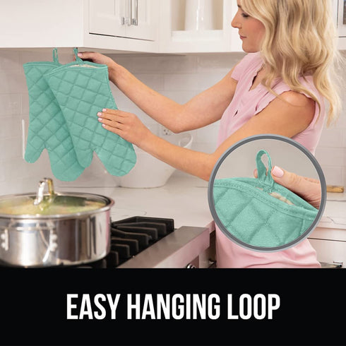 Gorilla Grip Heat Resistant Thick Cotton Oven Mitts, 15 Inch, Soft Quilted Lining, Durable Flexible Gloves, Protect Hands from Hot Kitchen Surfaces, Extra Long Cooking Mitt for Baking Sheet, Mint
