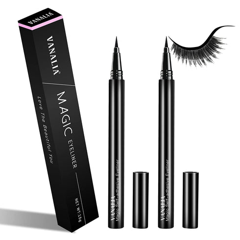 VANALIA 2-in-1 Eyeliner Instead of Lash Glue? Black Eyelash Glue Pen for False Lashes, Liquid Magnetic Eyeliner, Magic Self-Adhesive Eyeliner, Extra Strong Hold for EyeLashes(2pcs)