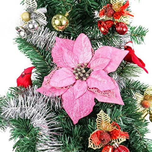 Festivous Wishel Pack of 12 Glitter Artificial Wedding Christmas Flowers Glitter Poinsettia Christmas Tree Ornaments (Pink)