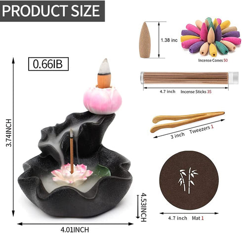 prosfalt Ceramics Waterfall Backflow Incense Holder Burner,Incense Seat with 50 Backflow Incense Cones+35 Incense Sticks Aromatherapy Home Decor Can Anxiety Relief Pressure -Black