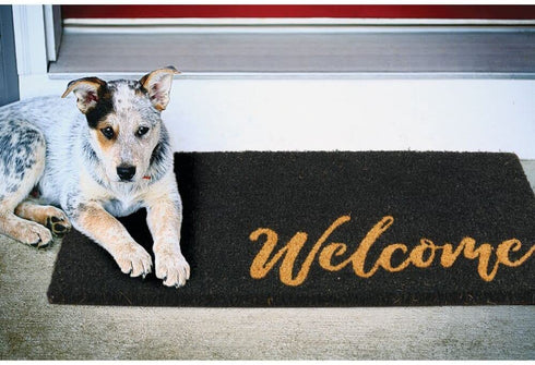 mDesign Rectangular Coir and Rubber Entryway Welcome Doormat with Natural Fibers for Indoor or Outdoor Use - Decorative Script Welcome Design - Black/Natural