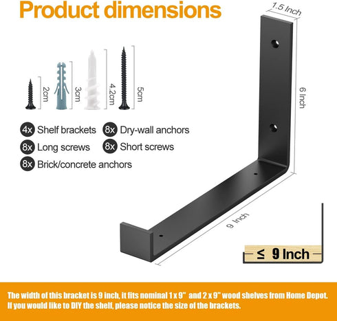 Shelf Brackets 10 Inch, Heavy Duty J Shelf Brackets with Lip, Black Metal Wall Shelf Brackets Floating Shelf Hardware for DIY Open Shelving
