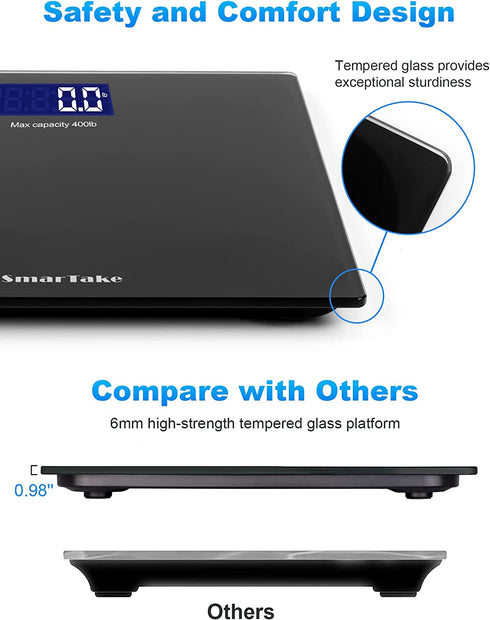 Weight Scale, SmarTake Precision Digital Body Bathroom Scale with Step-On Technology, 6mm Tempered Glass Easy Read Backlit LCD Display, Body Tape Measure Included, 400 Pounds, Black