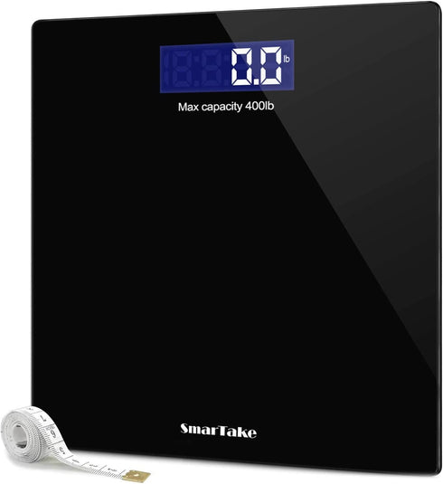 Weight Scale, SmarTake Precision Digital Body Bathroom Scale with Step-On Technology, 6mm Tempered Glass Easy Read Backlit LCD Display, Body Tape Measure Included, 400 Pounds, Black